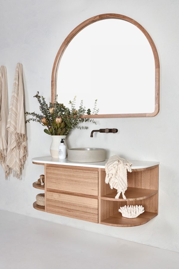 Curved timber vanity to suit a coastal bathroom style | Australian timber vanities | Floating timber vanity