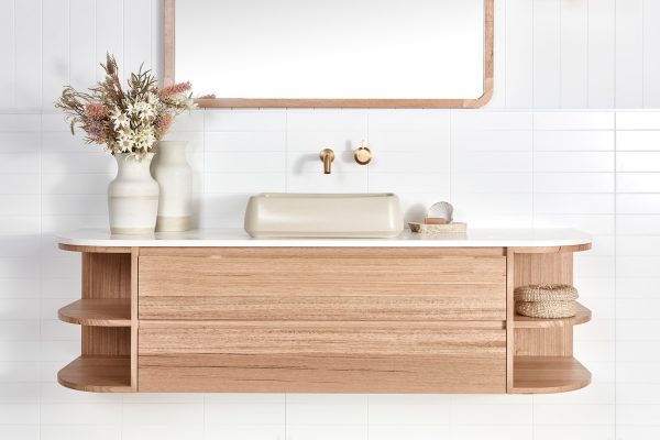 Curved timber vanity to suit a coastal bathroom style | Australian timber vanities | Floating timber vanity