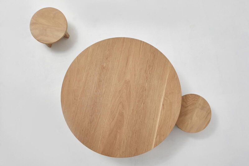 Avalon Round coffee table and Barrenjoey kids stools in American Oak