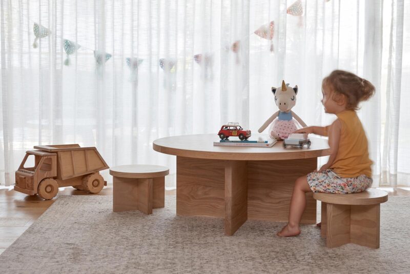 Avalon Round coffee table and Barrenjoey kids stools in American Oak