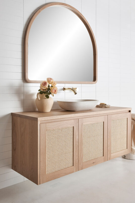 Vanity pictured in American Oak light with Alura Arch mirror