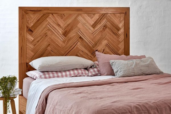 Timber bedhead in spotted gum timber with herringbone design
