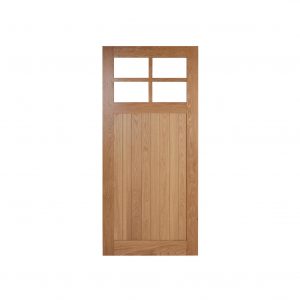 A solid timber entrance door with 4 glass panels at the top.