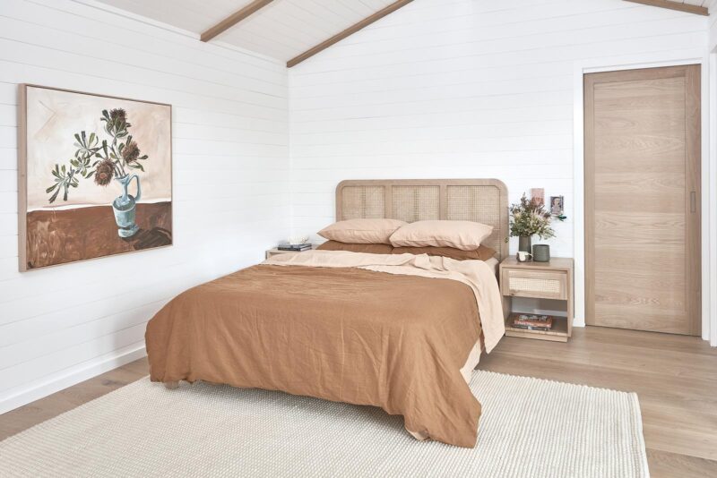 Pacific Rattan Bedhead and Bedsides pictured in American Oak Light