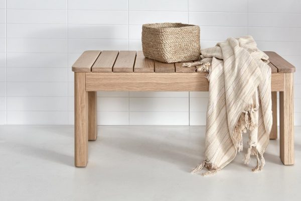 Timber bench seat in a bathroom