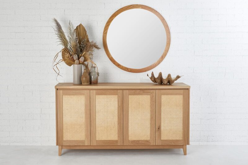 Pacific Buffet unit in American Oak light timber with Ballina mirror in American Oak Natural