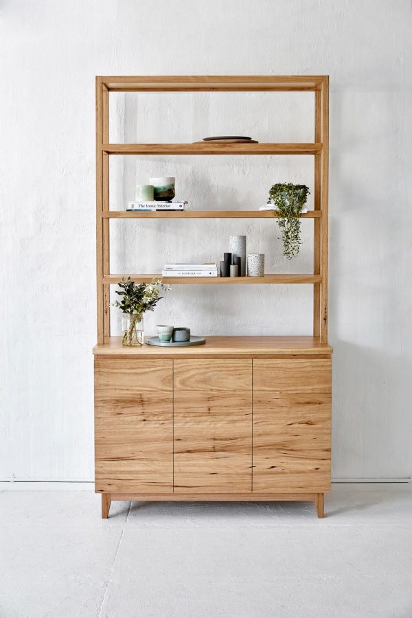 Timber buffet bookshelf styled for a coastal interior design