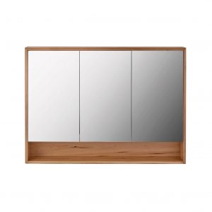 A bathroom mirror cabinet with three panels and a storage shelf underneath. Made from timber. Custom made in Australia.