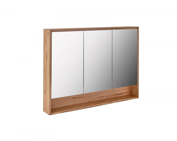 Bathroom mirror cabinet with three panels and storage shelf underneath. Custom made timber furniture.