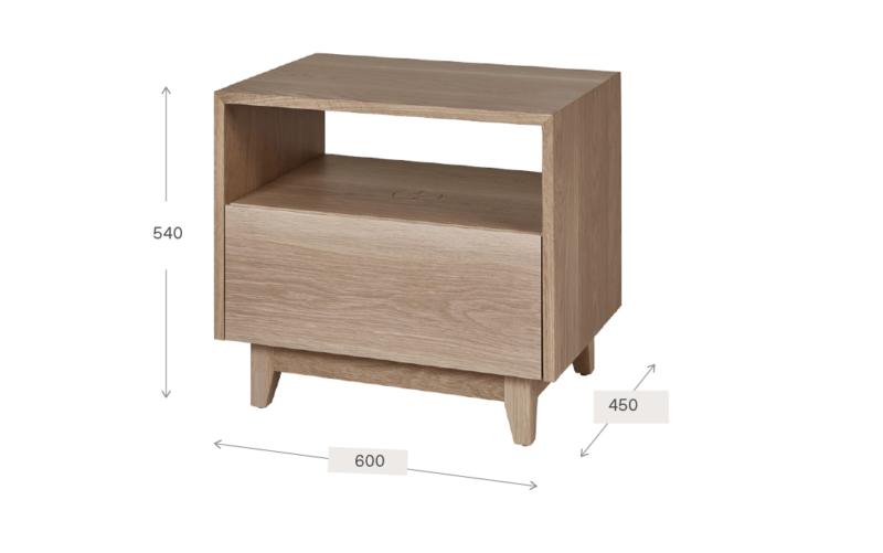 Norah timber bedside table features and open shelf and lower drawer