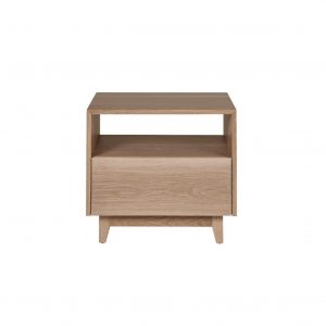 Timber bedside table with open shelf and lower drawer