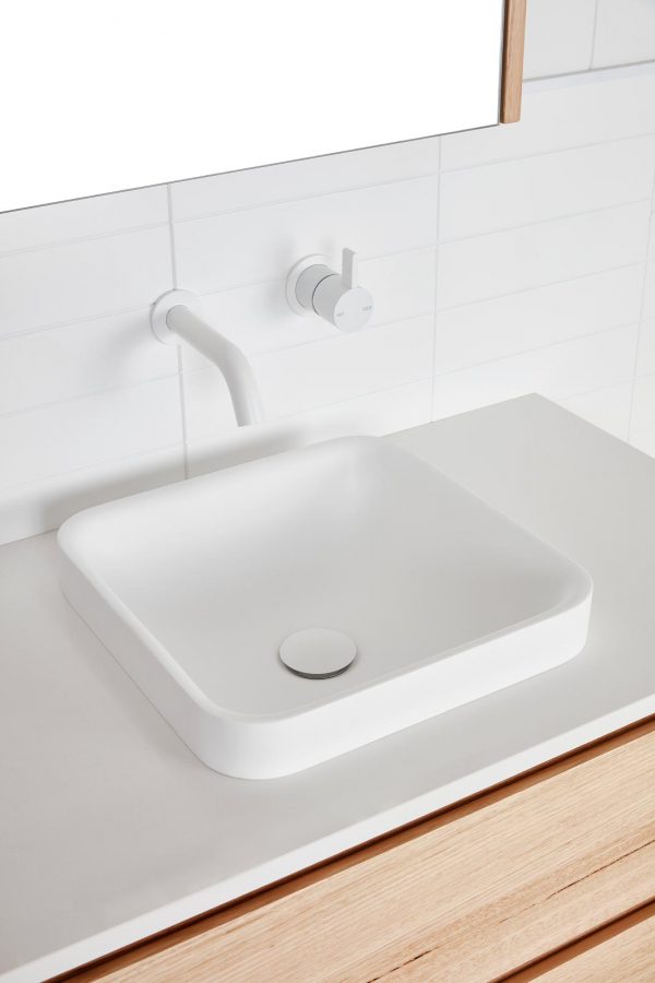 White square semi inset basin in a timber vanity
