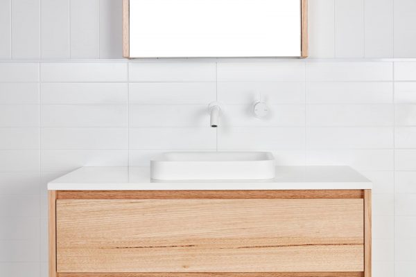 White square semi inset basin in a timber vanity
