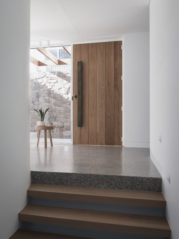 Sawtell Shiplap vertical entry door and stair treads