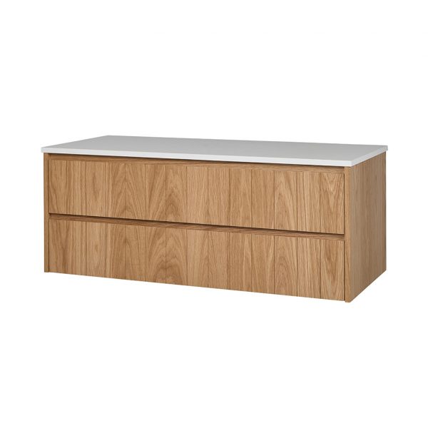 Modern vanity with two drawers and white top. This wall-hung vanity can have your selection of drawer handles.