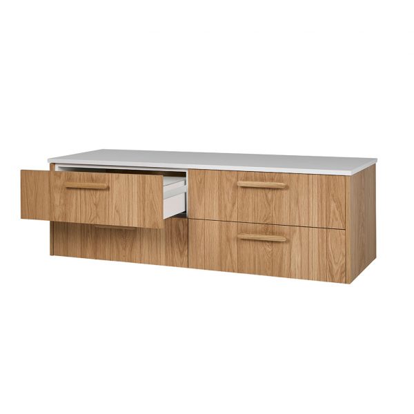 Modern vanity with four drawers, timber finish and an alpine white quantum quartz top. This wall hung vanity can have your selection of drawer handles to suit your coastal bathroom furniture.