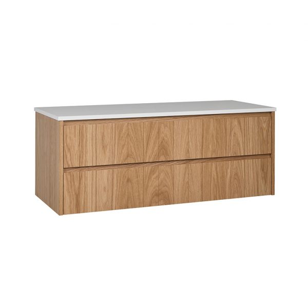 Modern vanity with two drawers, timber finish and an alpine white quantum quartz top. This wall hung vanity can have your selection of drawer handles.
