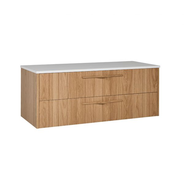 Modern vanity with two large drawers, timber finish and an alpine white quantum quartz top. This wall hung vanity can have your selection of drawer handles to suit your coastal bathroom furniture.