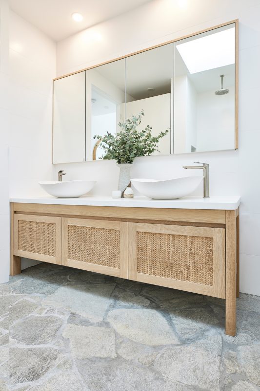 Freo Curved Vanity + Bayview Mirror Cabinet. Both in American Oak Light