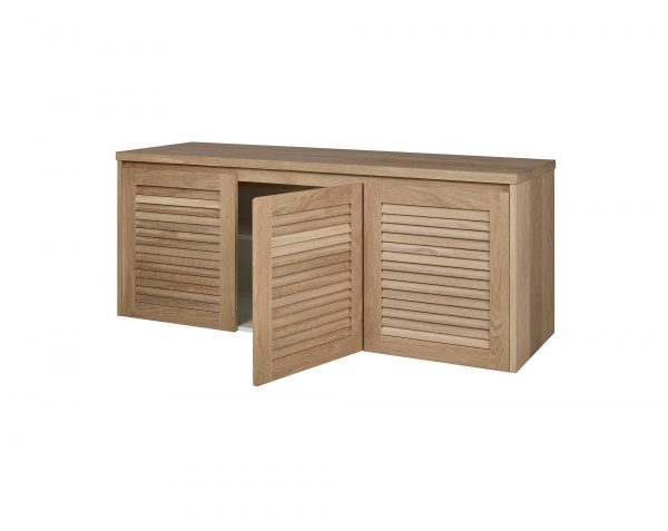The Loughlin Furniture Keys range vanity is a custom made wall mounted timber vanity with a timber louvre door profile. The door is open to this custom vanity showing the large storage available in this timber vanity.