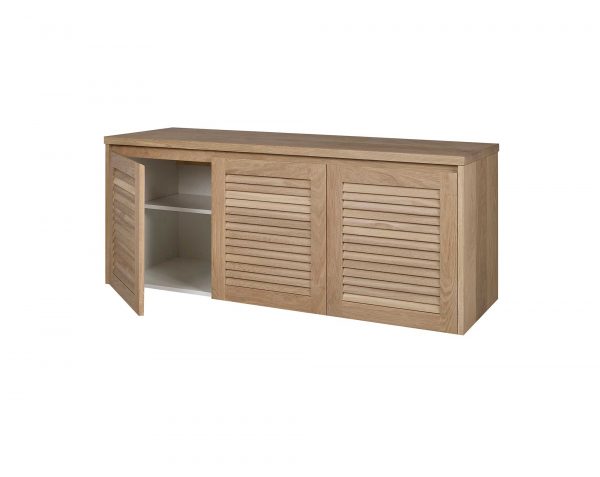 The Loughlin Furniture Keys range vanity is a custom made wall mounted timber vanity with a timber louvre door profile. The door is open to this custom vanity showing the large storage available in this timber vanity.