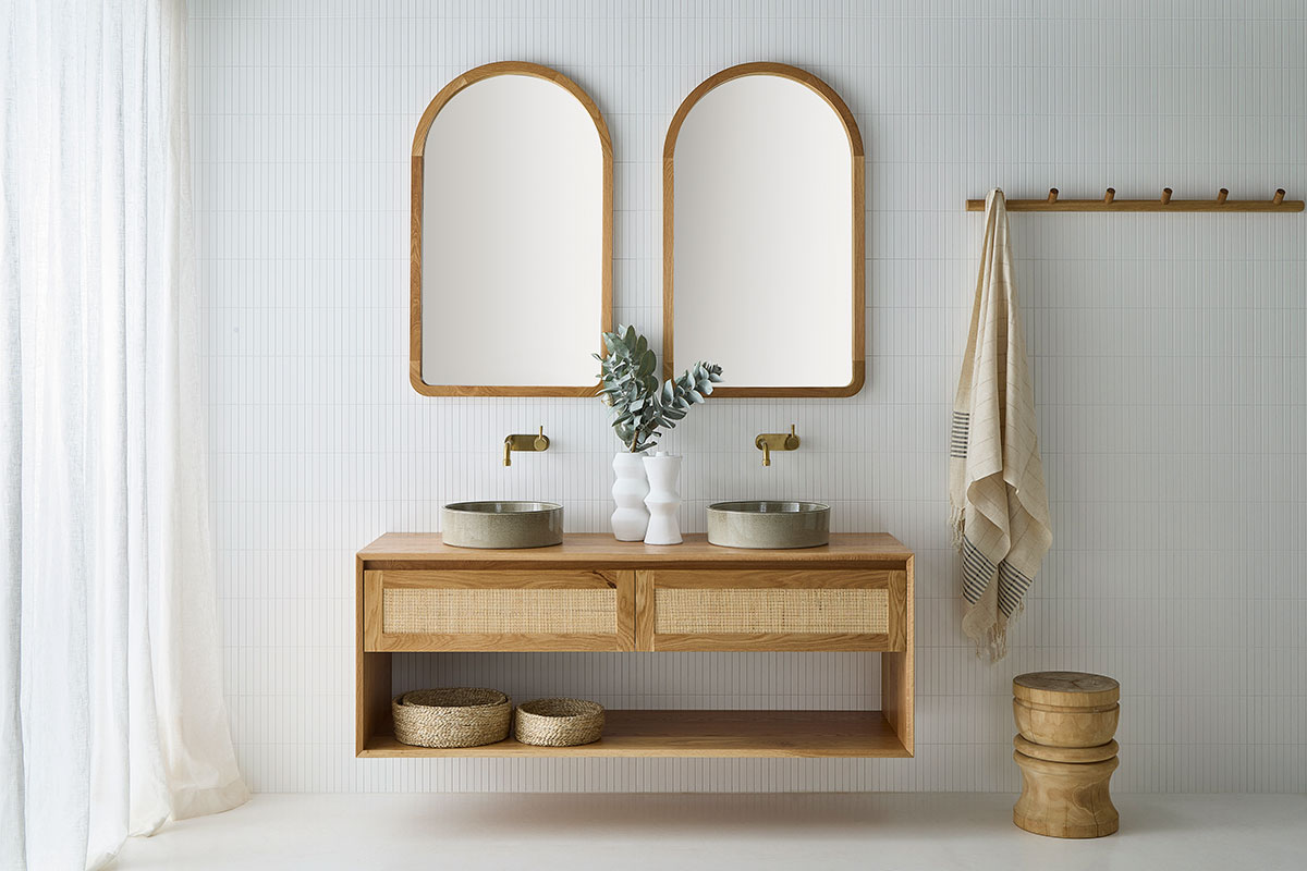 Double vanity pictured in American Oak Natural timber with tight weave rattan 