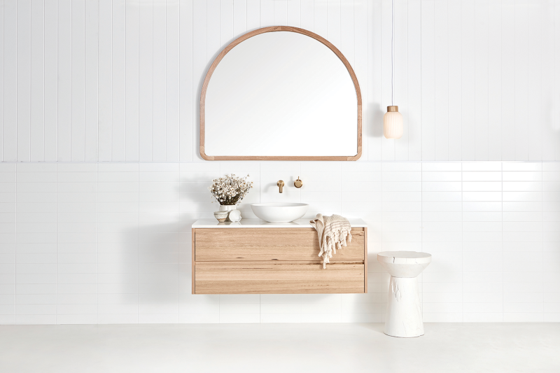 Floating timber vanity with an Alura Mirror. All in Australian Timber from Loughlin Furniture