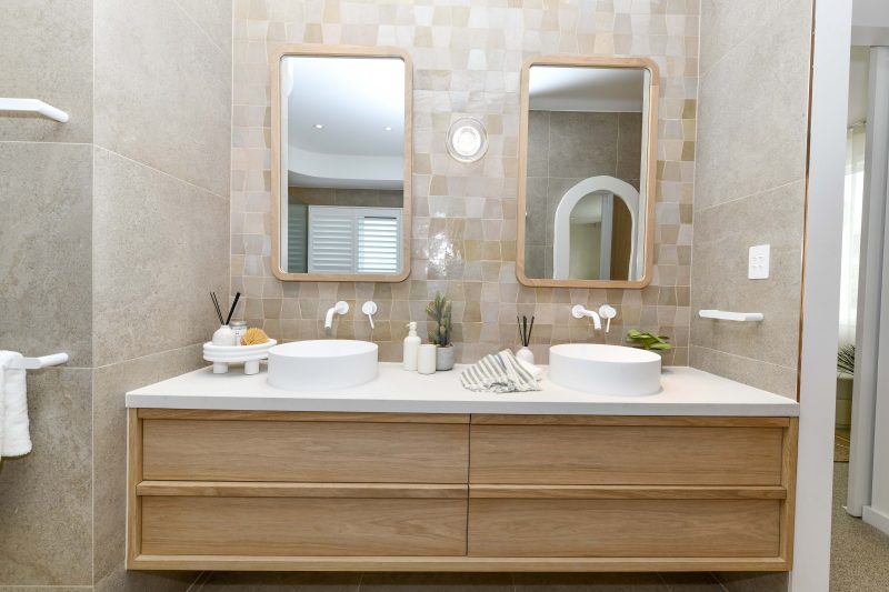 4 drawer timber vanity in a coastal style bathroom