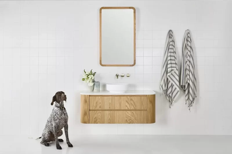 Obi posing next to our Alura Mirror Cabinet pictured in American Oak Natural with our Evans Vanity