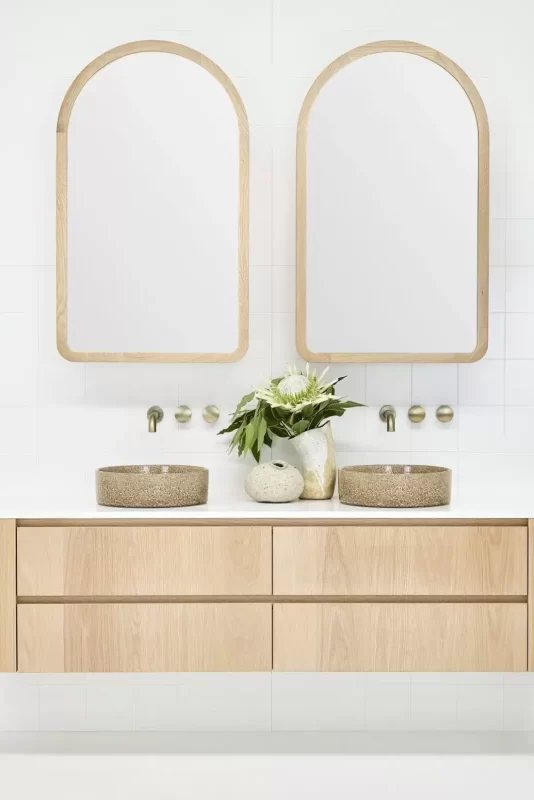Twin Alura Arch Mirror Cabinets pictured in American Oak Light 