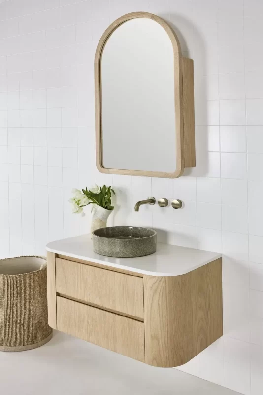 Alura Arch Mirror Cabinet pictured in American Oak Light with our Evans Vanity