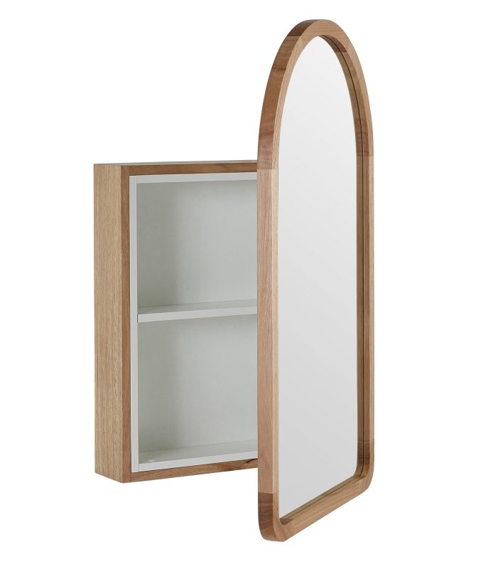 An Arched mirror bathroom cabinet open showing two shelves.