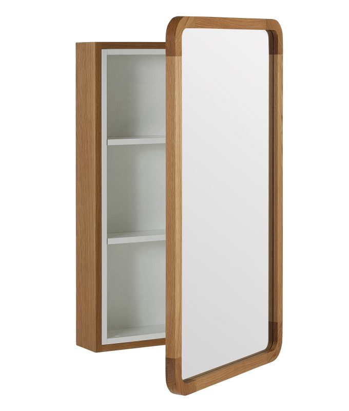 A mirrored bathroom cabinet with the mirrored door open showing three shelves.