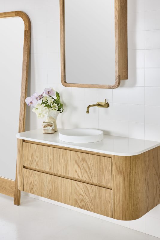Alura Mirror Cabinet, Norah Floor Standing Mirror, Evans Valley Vanity in American Oak Natural 