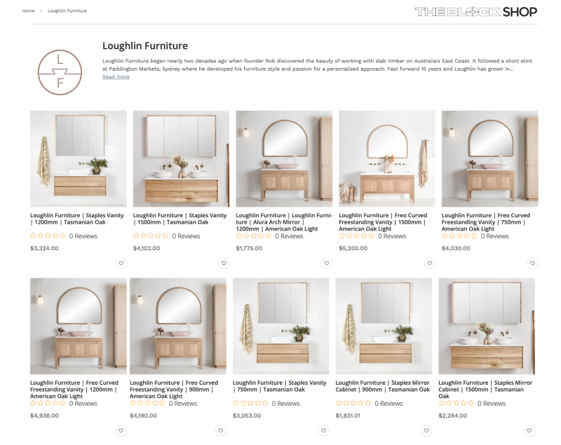 A screen grab of the timber bathroom vanities available on the The Block Shop