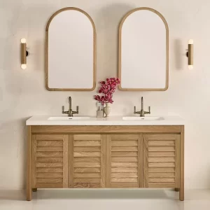 Frenchy Integrated timber vanity with four drawers styled in a modern bathroom