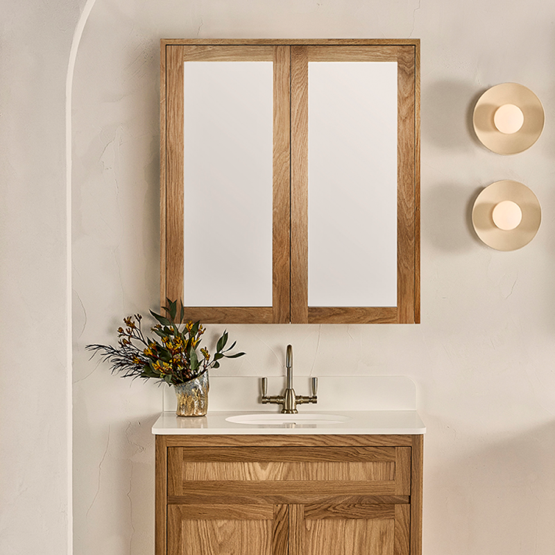 900mm L Tasman Mirror Cabinet in American Oak Natural paired with Hampton Freestanding Vanity