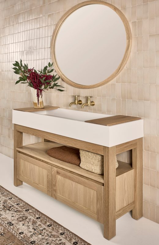 Timber bathroom vanity with large sink, open shelf underneath and two cupboards