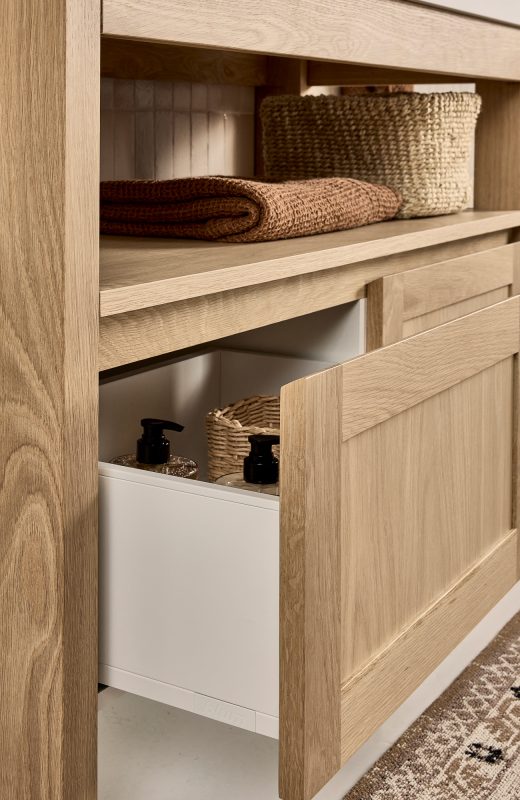 Generous bathroom storage with lower drawers and open shelf | Bathroom Vanity