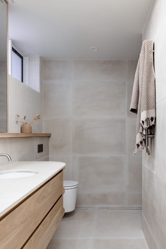 Marley Curved Vanity , Bayview Mirror Cabinet + custom shelf all in American Oak Light